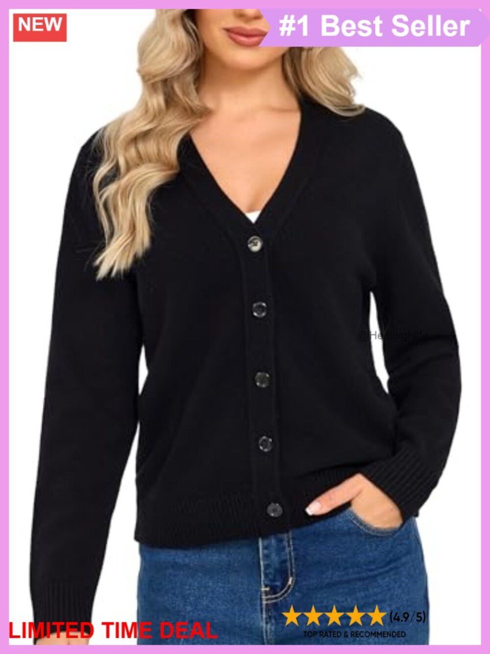 100% Merino Wool Cardigan V Neck Shell Button Sweater